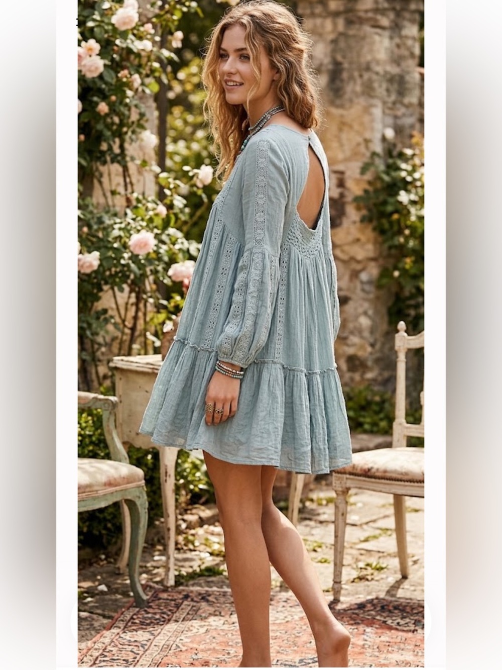 Free People Sage Blue Crochet Peasant Mini Dress